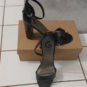 G by Guess Black Patent Block Heel Ankle-Strap Sandals
